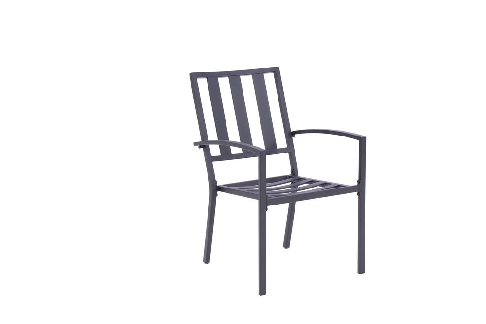 Set of Two Dark Gray Aluminum Outdoor Stacking Dining Chairs with Beige Cushion on a white background