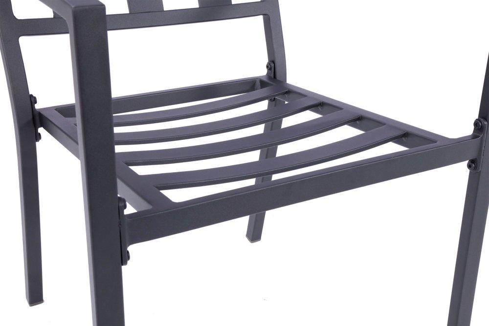 Set of Two Dark Gray Aluminum Outdoor Stacking Dining Chairs with Beige Cushion on a white background