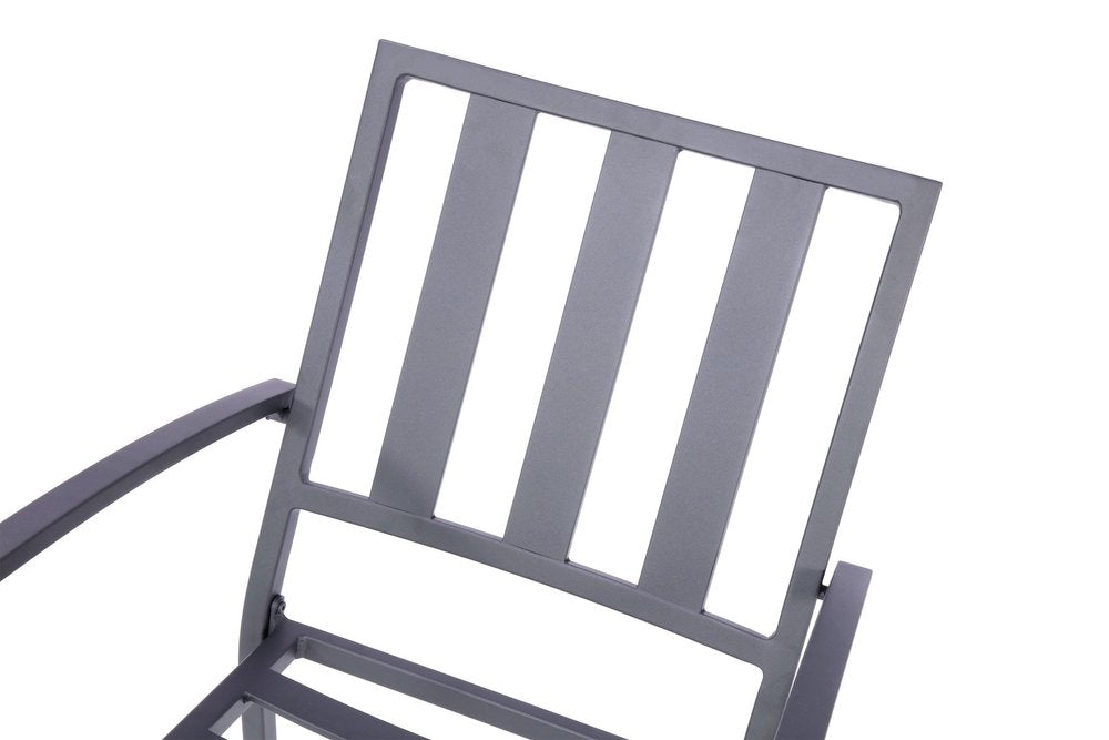 Set of Two Dark Gray Aluminum Outdoor Stacking Dining Chairs with Beige Cushion on a white background