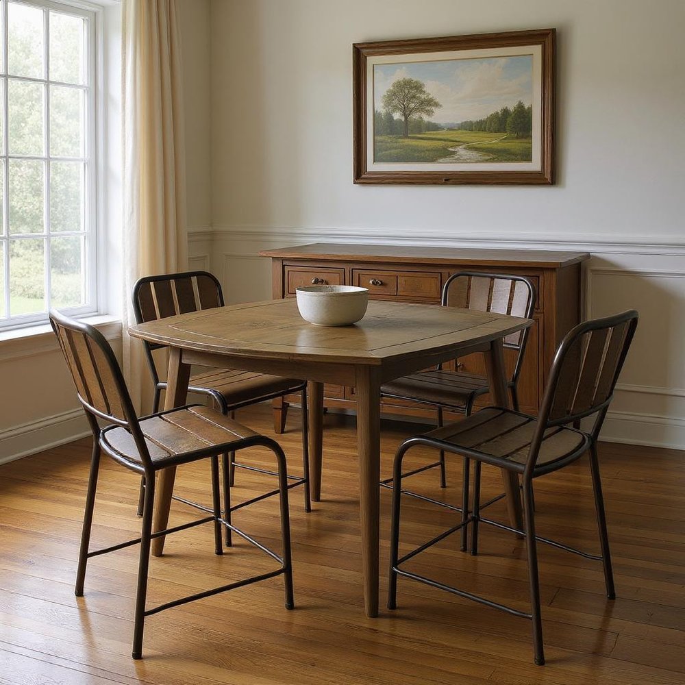 Five Piece Brown and Black Square Solid Wood Dining Set with Four Chairs in a home interior