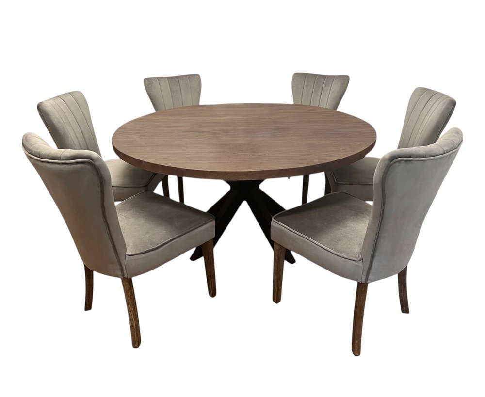 Seven Piece Gray and Black Round Solid Wood Dining Set with Six Chairs on a white background