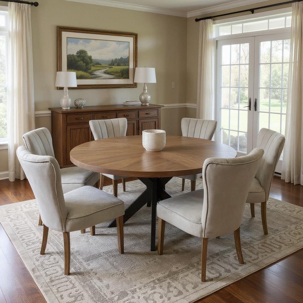 Seven Piece Gray and Black Round Solid Wood Dining Set with Six Chairs in a home interior