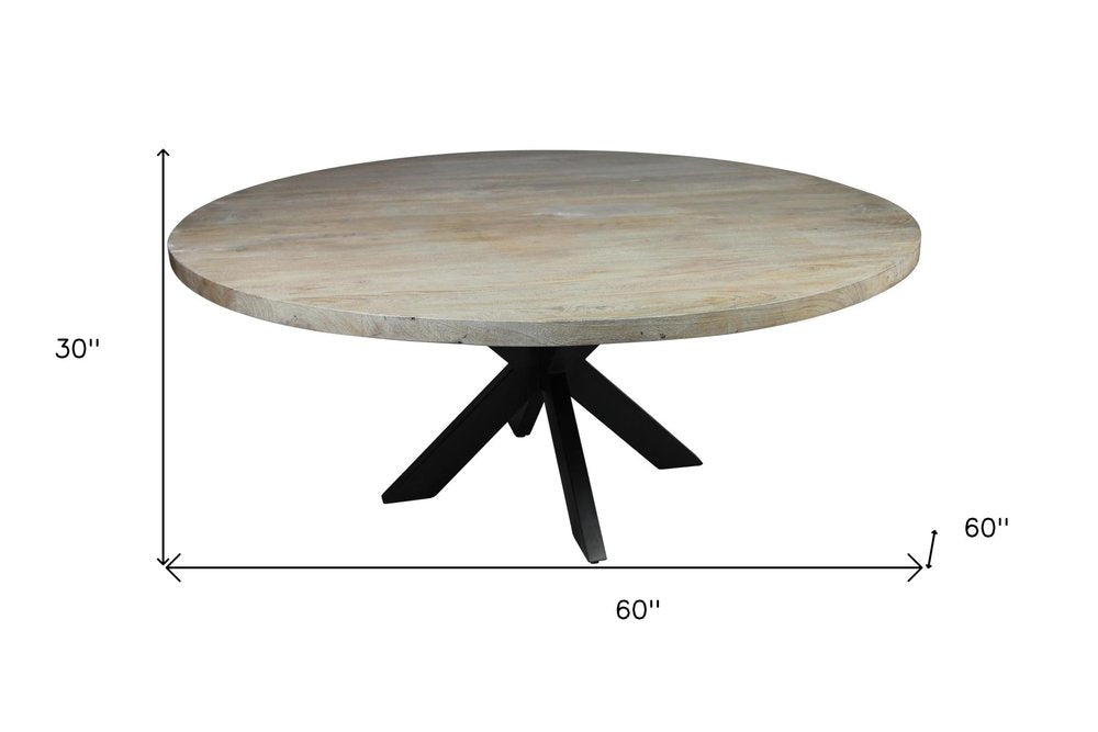 Seven Piece Gray and Black Round Solid Wood Dining Set with Six Chairs on a white background