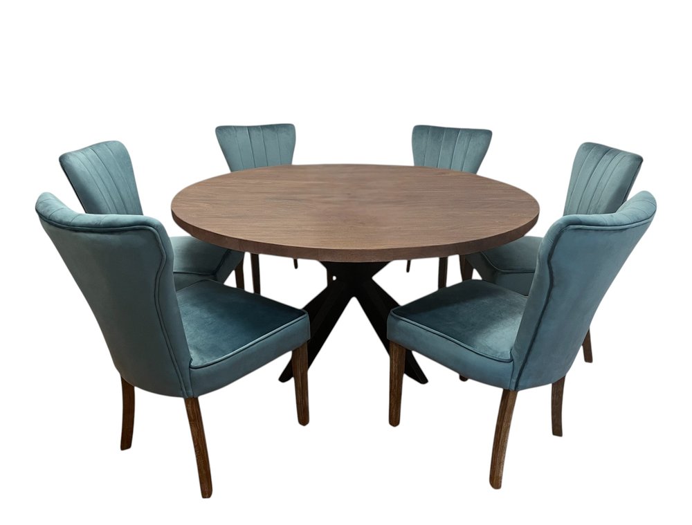 Seven Piece Gray and Black Round Solid Wood Dining Set with Six Chairs on a white background