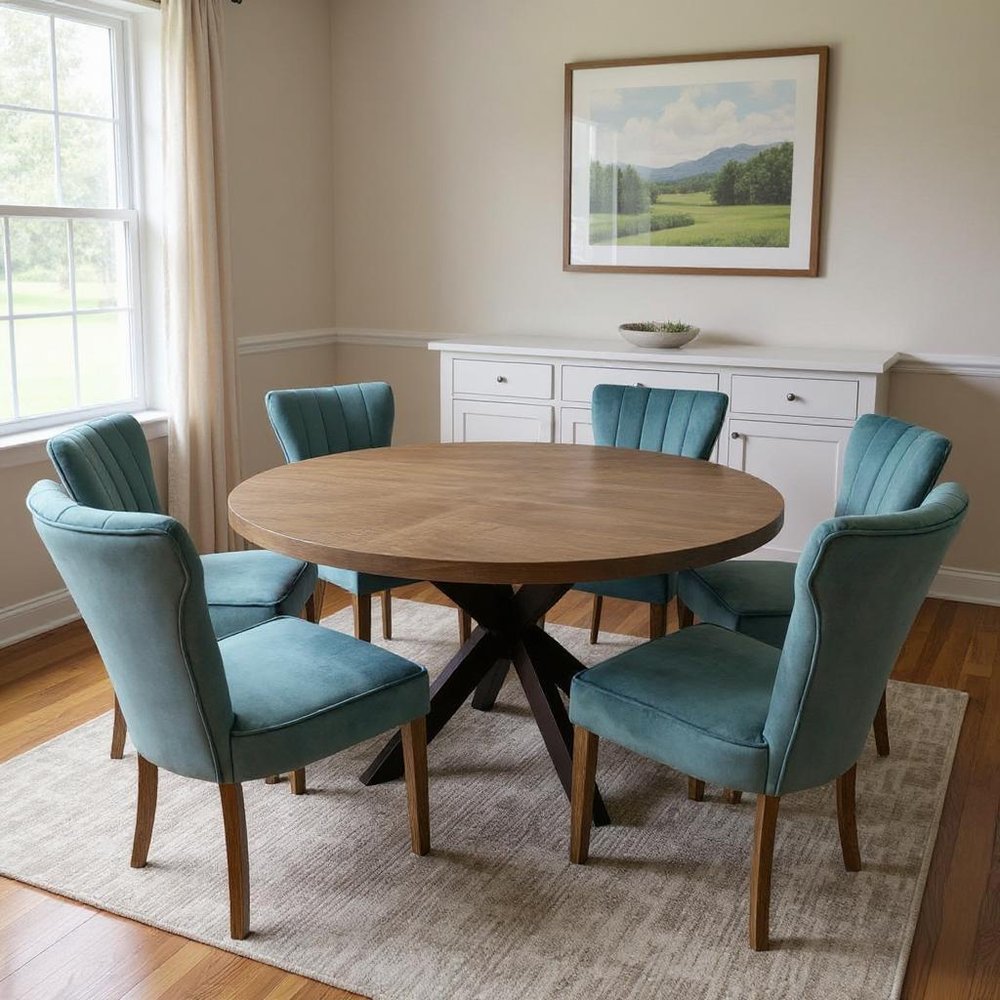 Seven Piece Gray and Black Round Solid Wood Dining Set with Six Chairs in a home interior