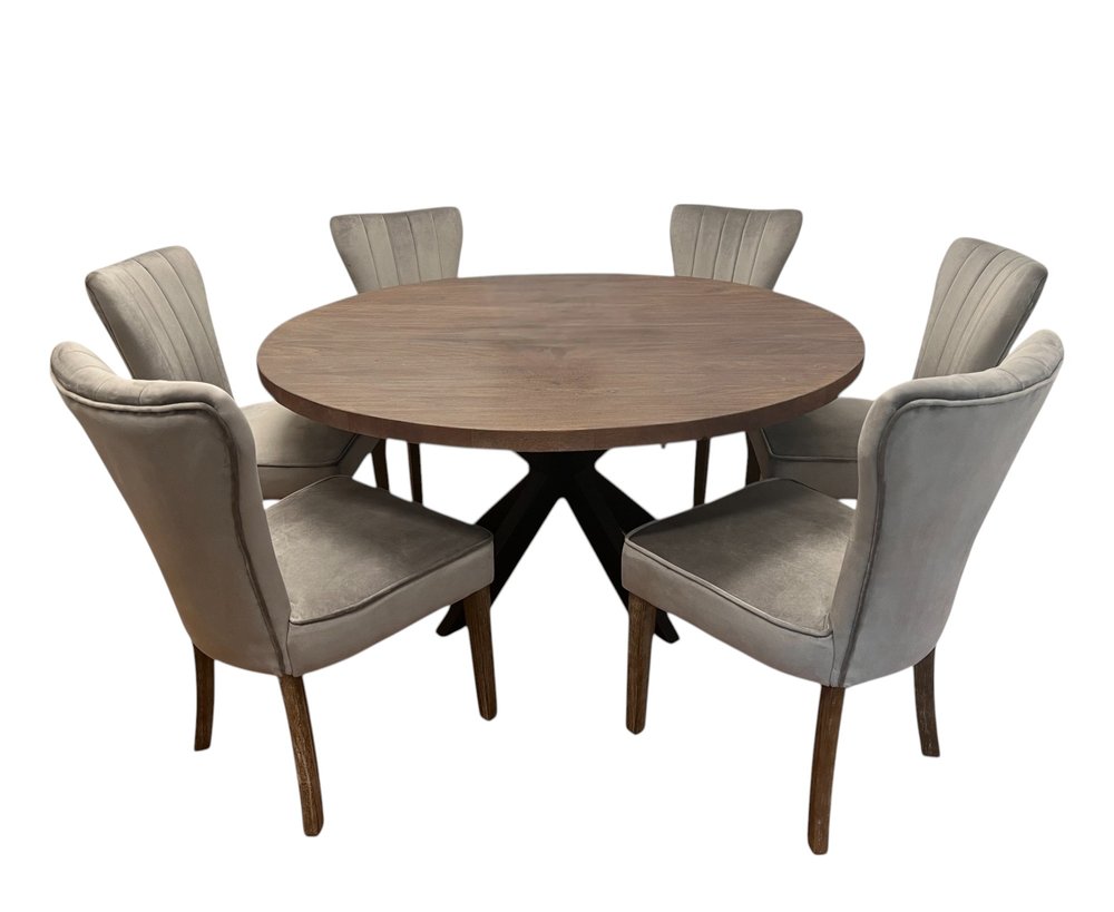 Seven Piece Gray and Black Round Solid Wood Dining Set with Six Chairs on a white background