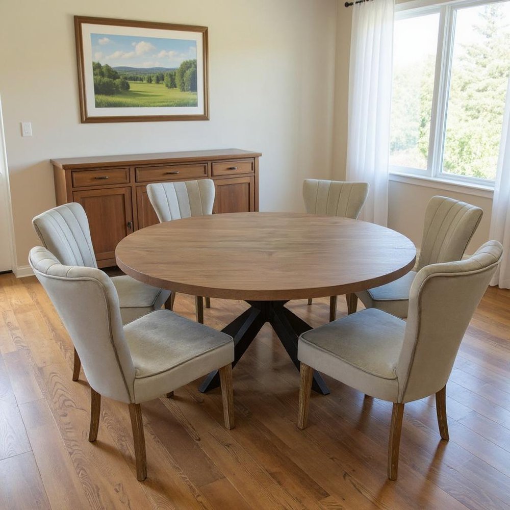 Seven Piece Gray and Black Round Solid Wood Dining Set with Six Chairs in a home interior