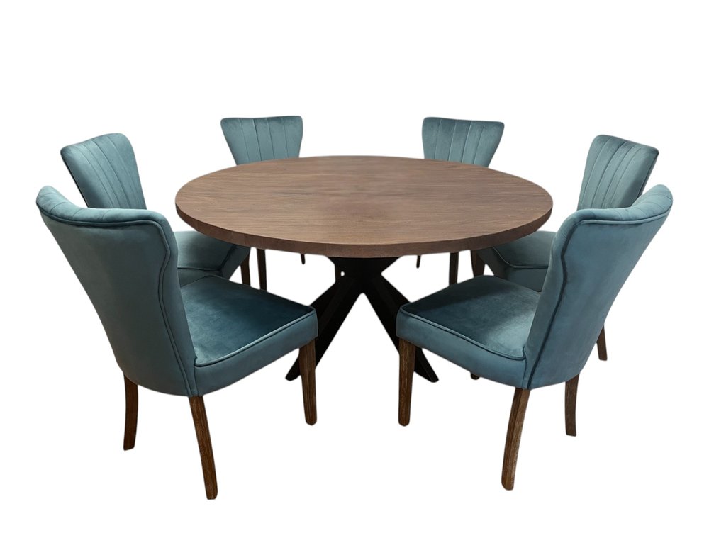 Seven Piece Gray and Black Round Solid Wood Dining Set with Six Chairs on a white background