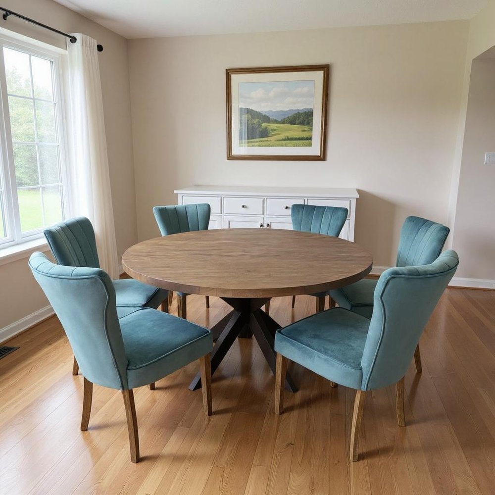Seven Piece Gray and Black Round Solid Wood Dining Set with Six Chairs in a home interior