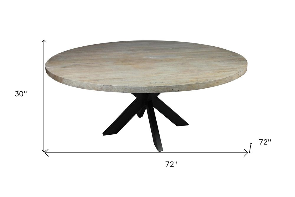 Seven Piece Gray and Black Round Solid Wood Dining Set with Six Chairs on a white background