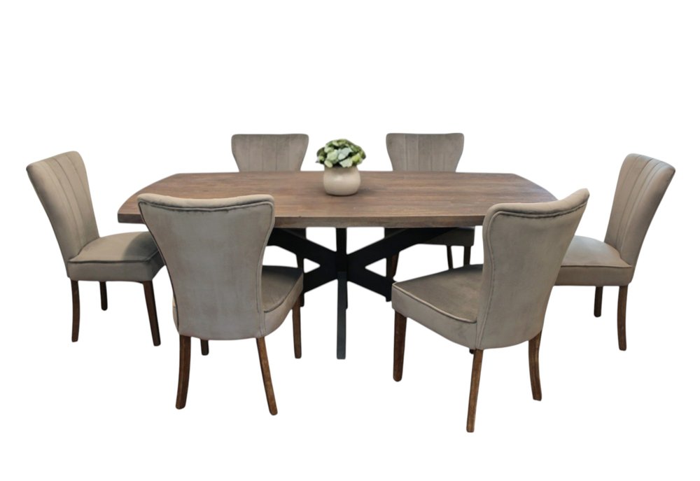 Seven Piece Gray and Black Solid Wood Dining Set with Six Chairs on a white background