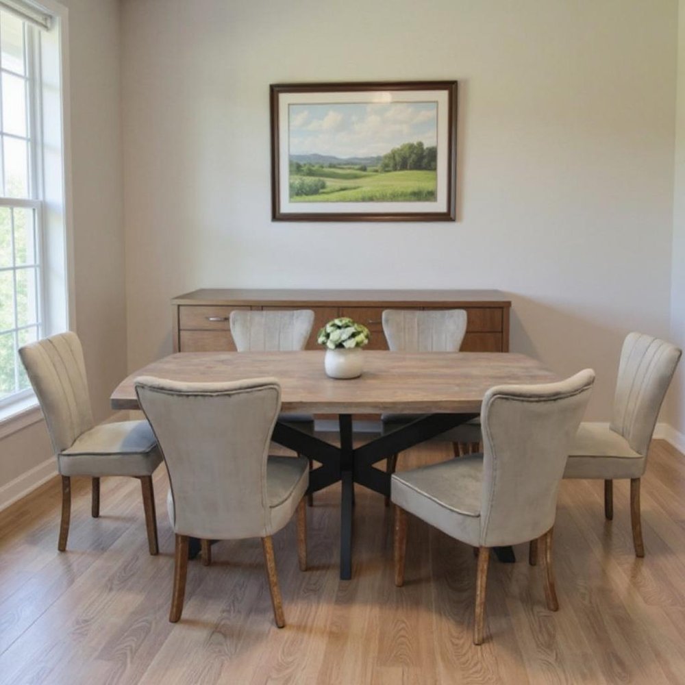 Seven Piece Gray and Black Solid Wood Dining Set with Six Chairs in a home interior