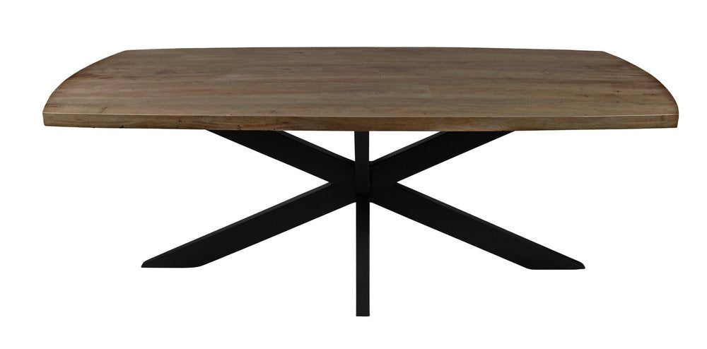 A wooden dining table with a curved edge and black X-shaped legs on a white background.