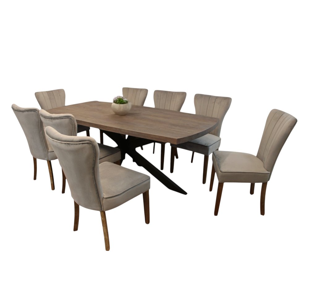 Nine Piece Gray and Black Solid Wood Dining Set with Eight Chairs on a white background