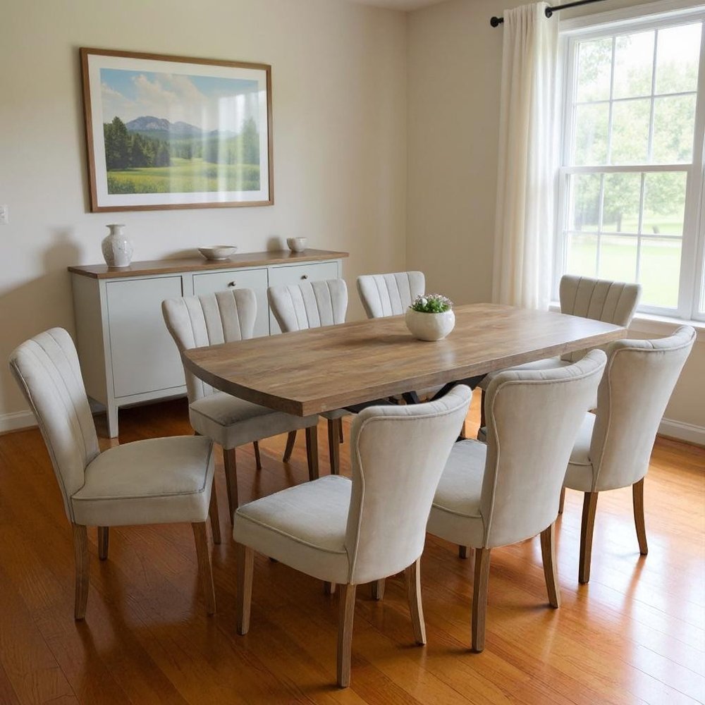 Nine Piece Gray and Black Solid Wood Dining Set with Eight Chairs in a home interior