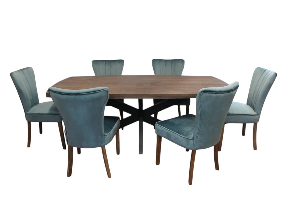 Seven Piece Gray and Black Solid Wood Dining Set with Six Chairs on a white background