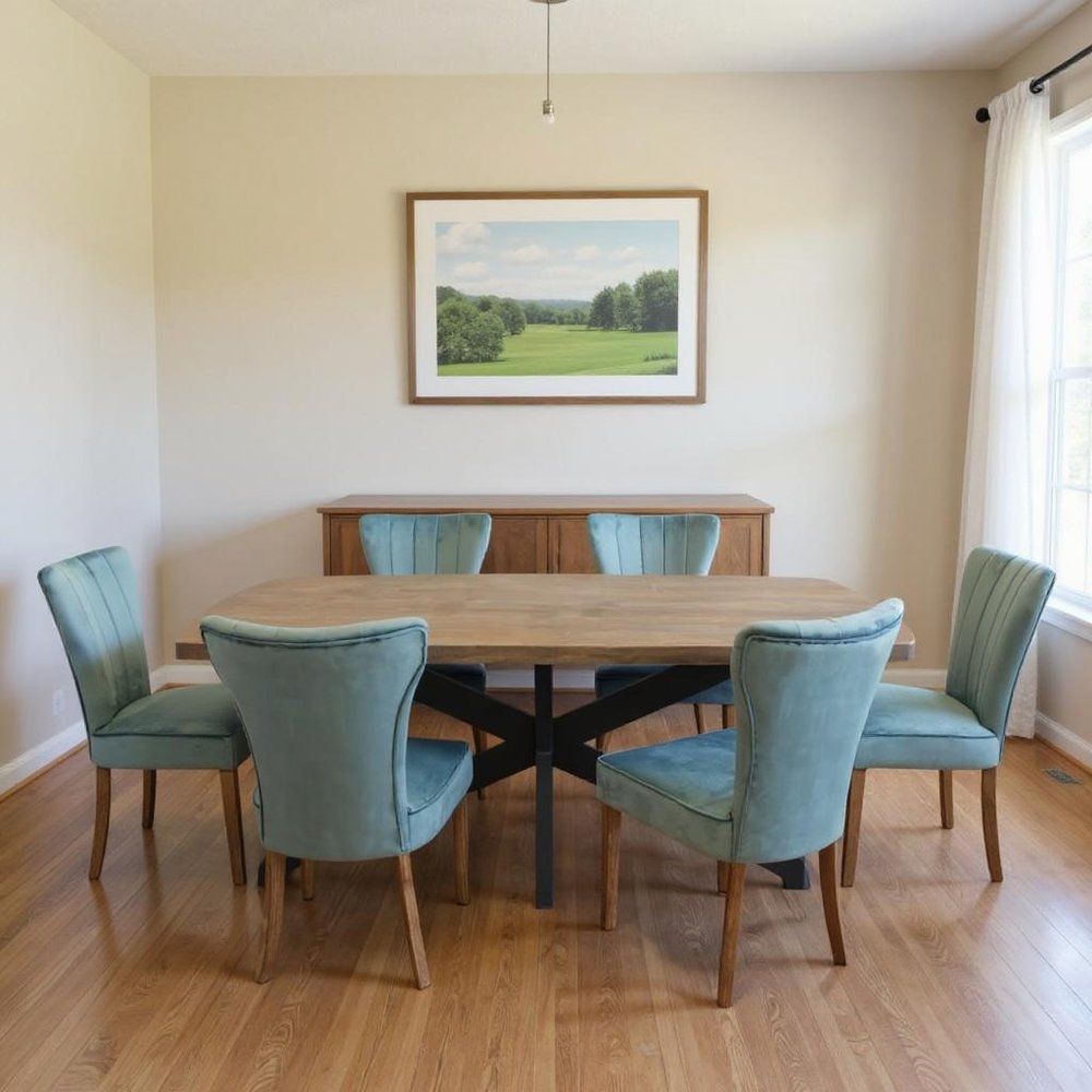 Seven Piece Gray and Black Solid Wood Dining Set with Six Chairs in a home interior