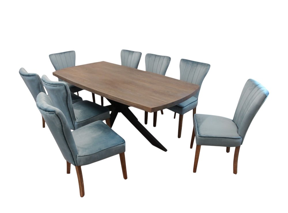 Nine Piece Gray and Black Solid Wood Dining Set with Eight Chairs on a white background