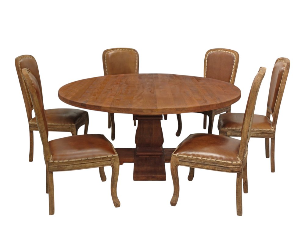 Seven Piece Brown Round Solid Wood Dining Set with Six Chairs on a white background