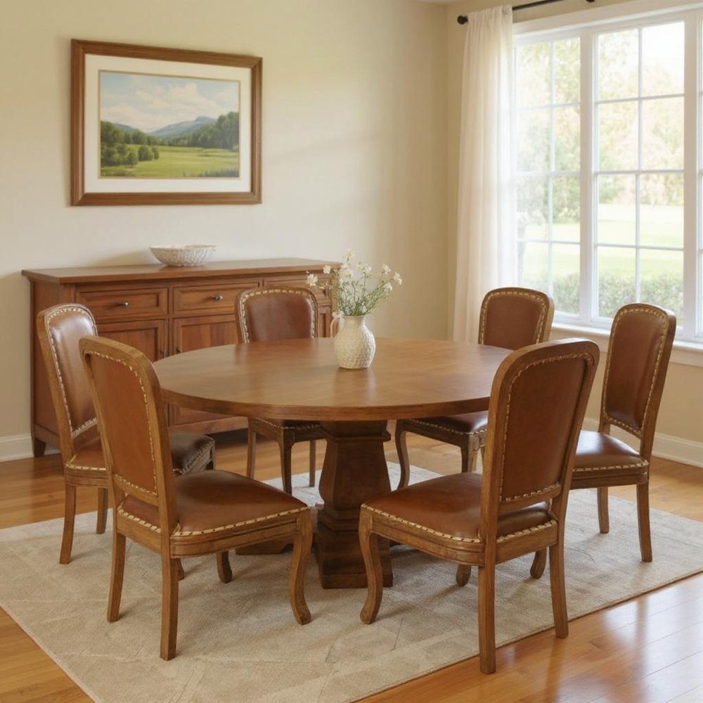 Seven Piece Brown Round Solid Wood Dining Set with Six Chairs in a home interior