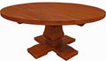 Seven Piece Brown Round Solid Wood Dining Set with Six Chairs on a white background