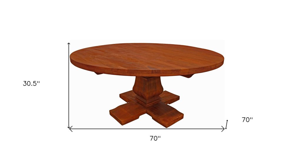 Seven Piece Brown Round Solid Wood Dining Set with Six Chairs on a white background