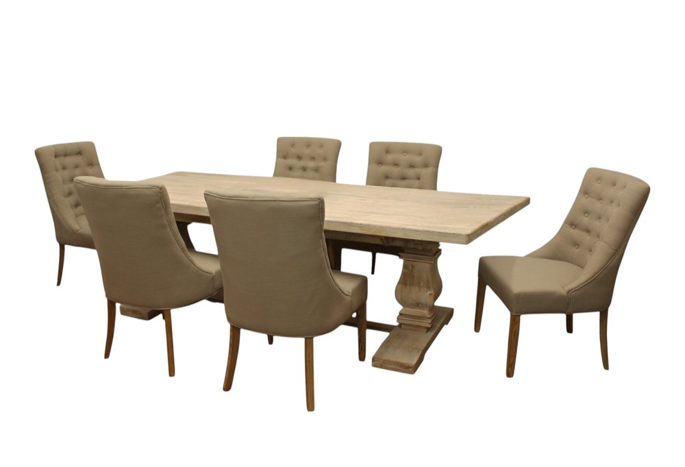 Seven Piece White Solid Wood Dining Set with Six Chairs on a white background