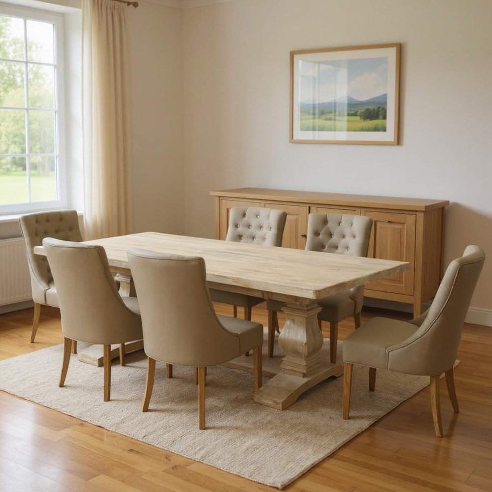 Seven Piece White Solid Wood Dining Set with Six Chairs in a home interior