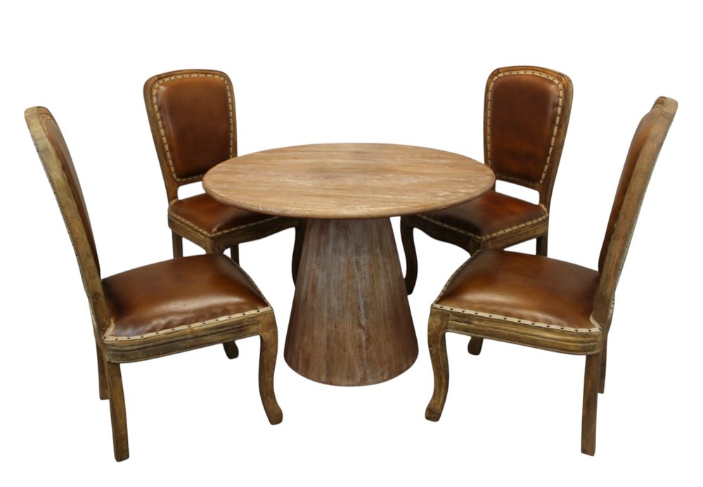 Five Piece Natural Round Solid Wood Dining Set with Four Chairs on a white background