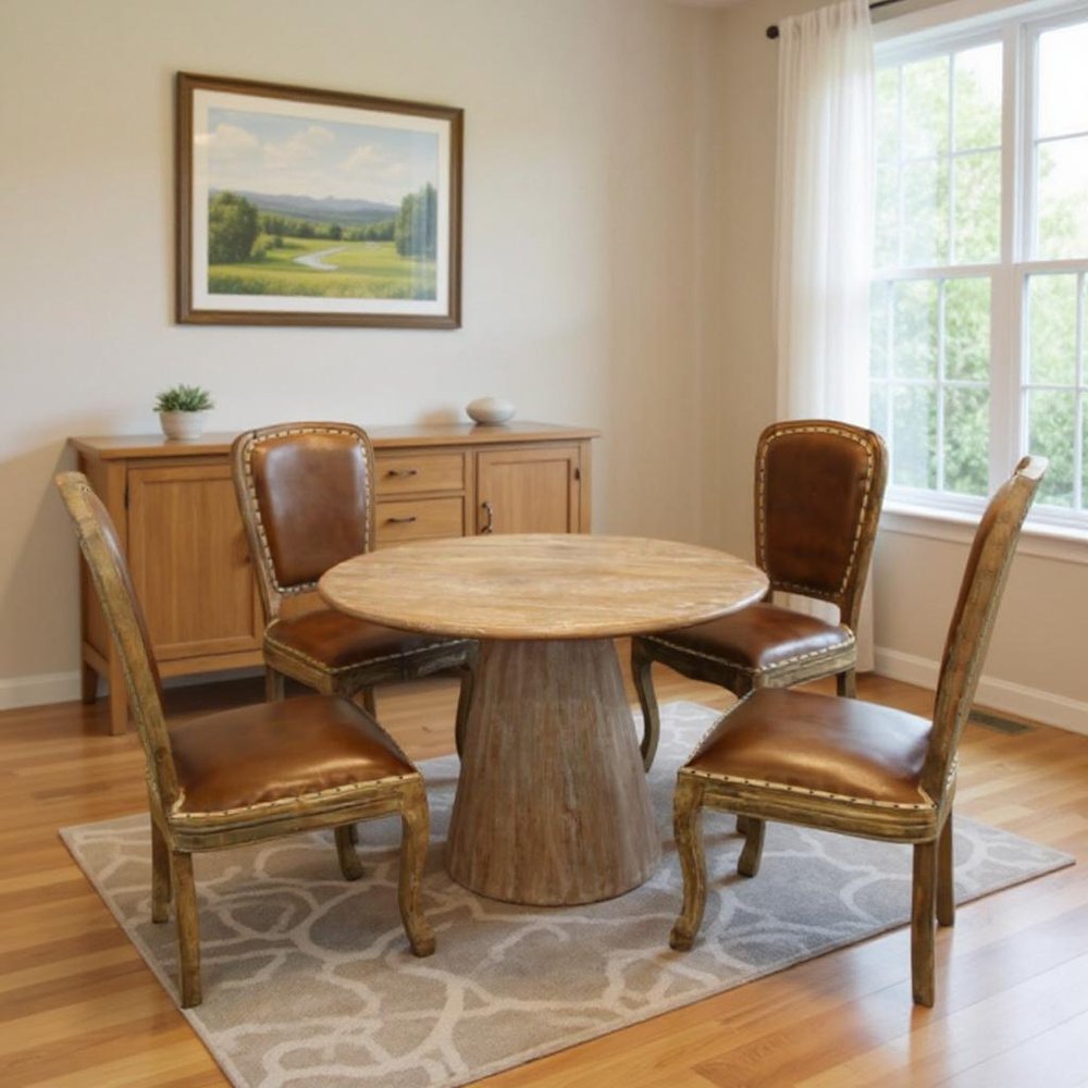 Five Piece Natural Round Solid Wood Dining Set with Four Chairs
