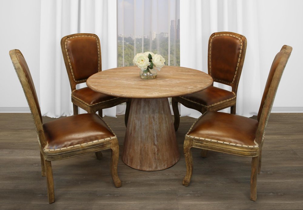 Five Piece Natural Round Solid Wood Dining Set with Four Chairs