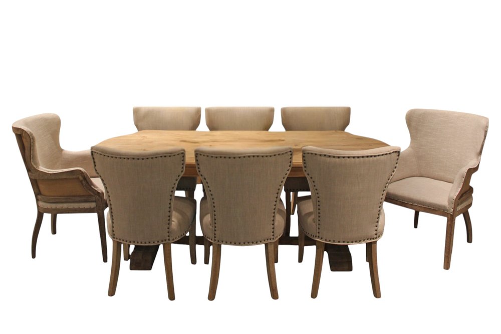Nine Piece Natural Solid Wood Dining Set with Eight Chairs on a white background