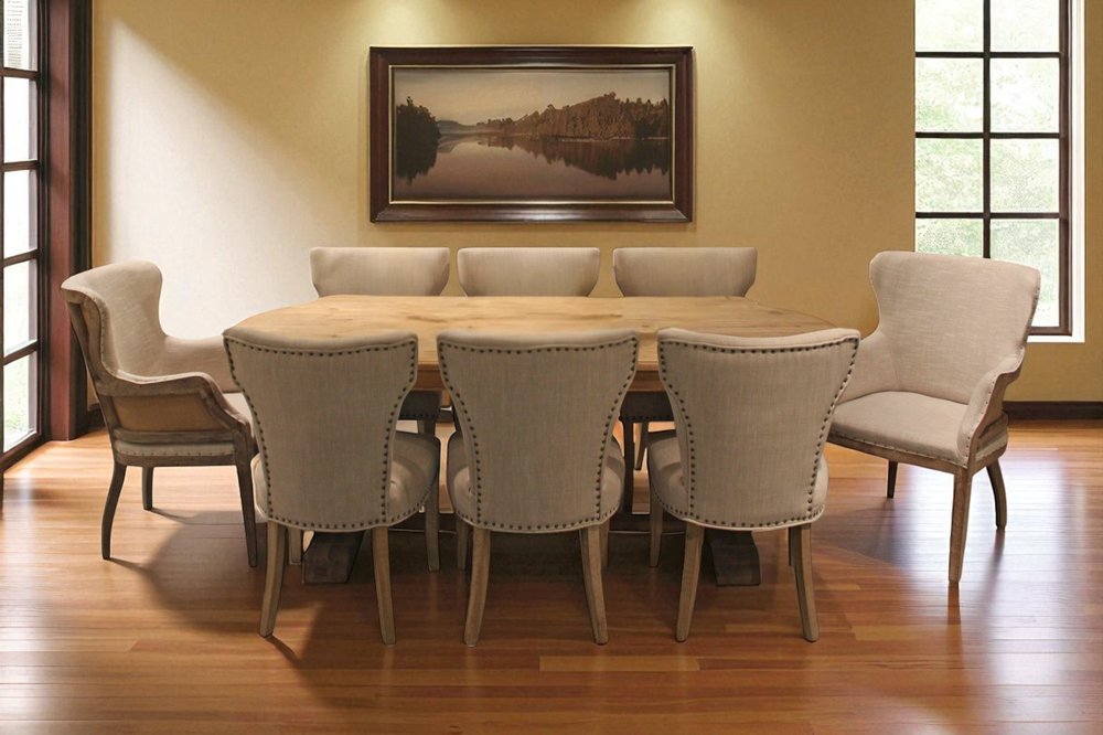 Nine Piece Natural Solid Wood Dining Set with Eight Chairs in a home interior
