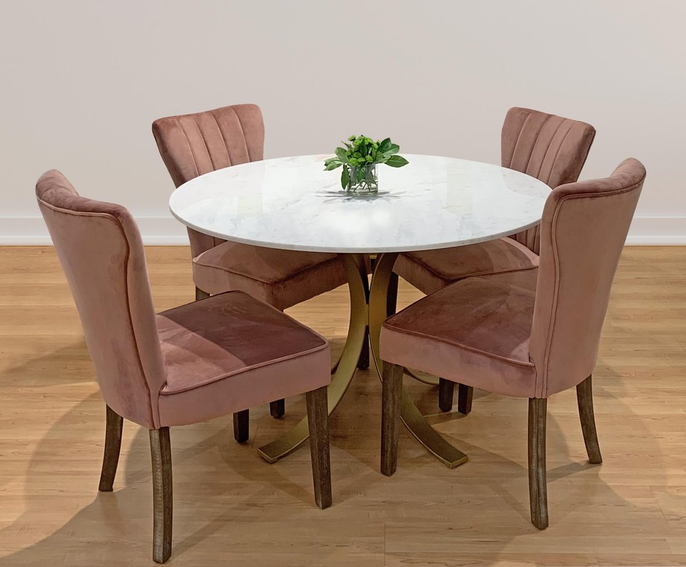 Five Piece Ivory and Gold Round Marble Dining Set with Four Chairs