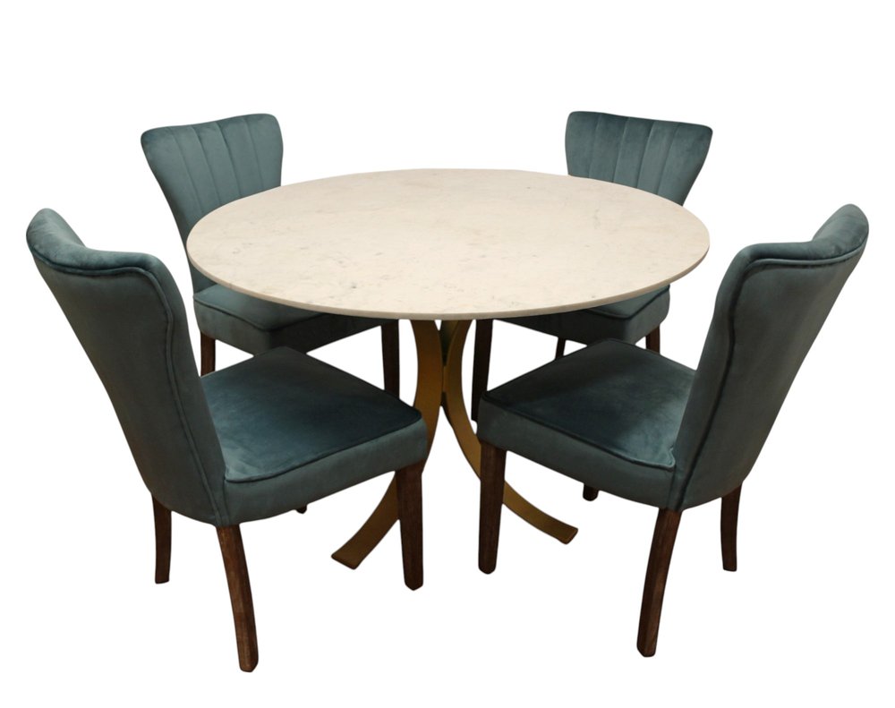 Five Piece Ivory and Gold Round Marble Dining Set with Four Chairs