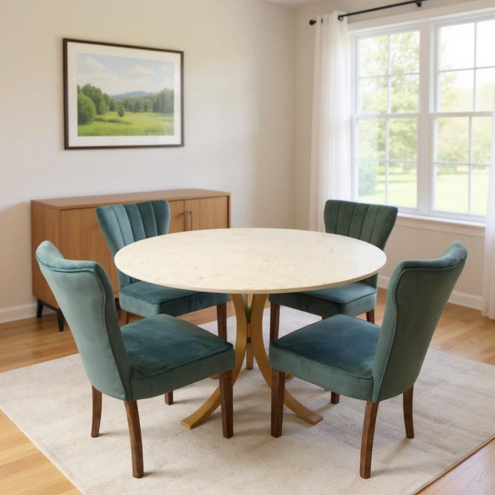 Five Piece Ivory and Gold Round Marble Dining Set with Four Chairs