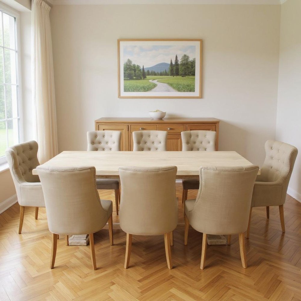 Nine Piece White Solid Wood Dining Set with Eight Chairs in a home interior