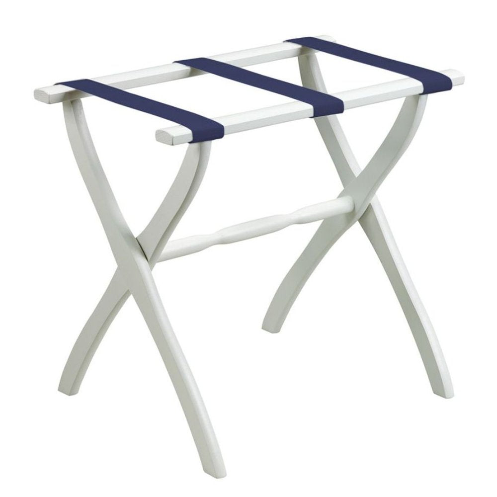 White folding luggage rack with navy blue straps on a white background.