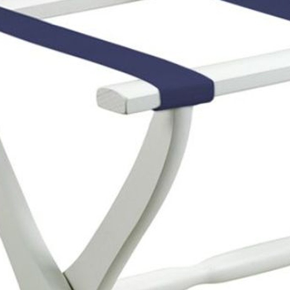 White Folding Luggage Rack With Navy Blue Straps