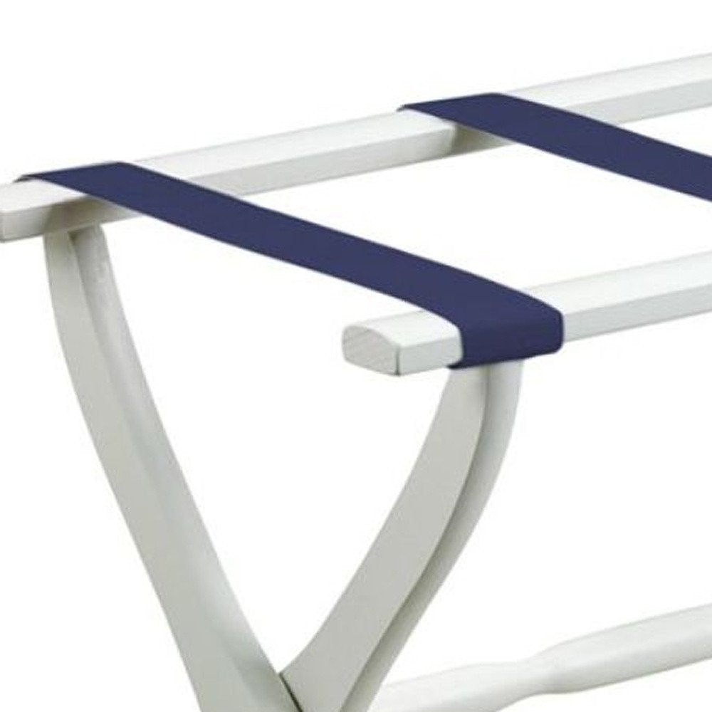 White Folding Luggage Rack With Navy Blue Straps