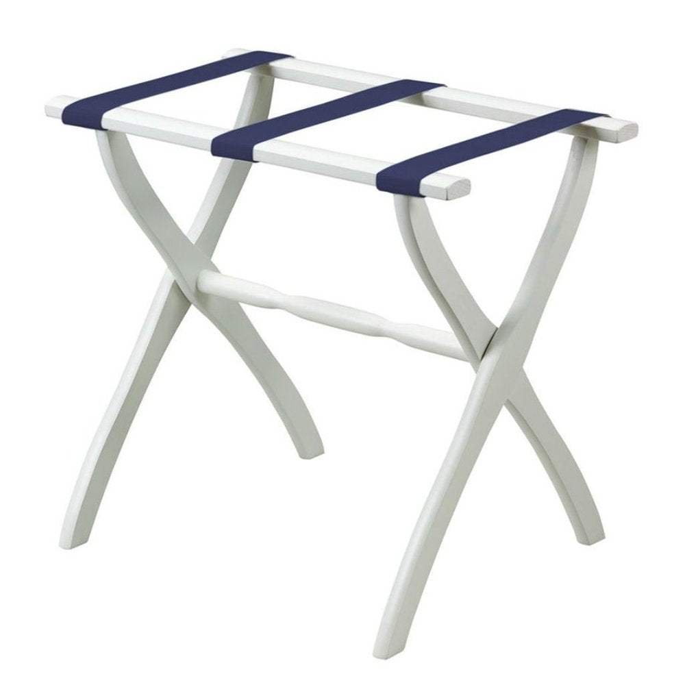 White Folding Luggage Rack With Navy Blue Straps on a white background