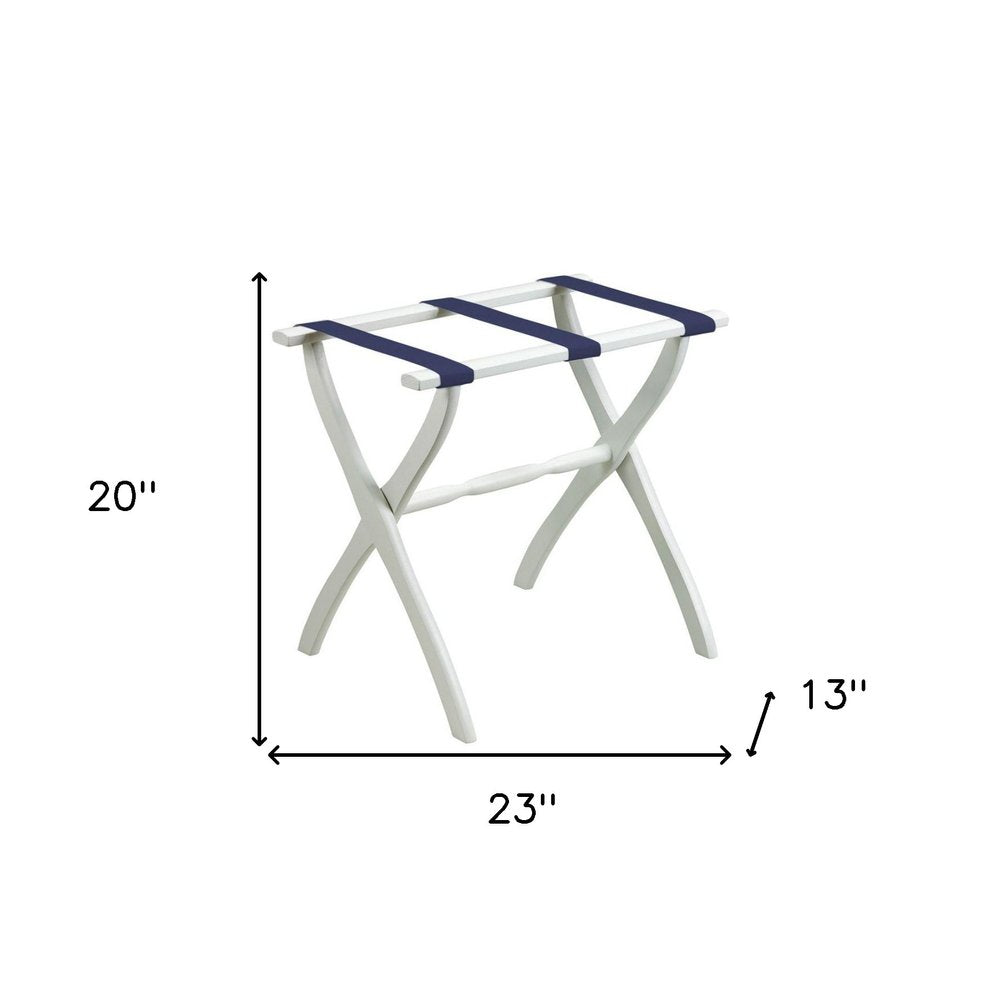 White Folding Luggage Rack With Navy Blue Straps on a white background
