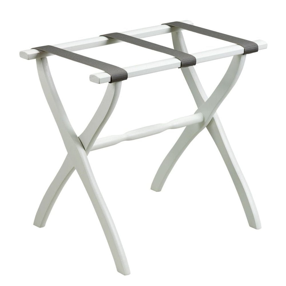 White wooden folding luggage rack with gray fabric straps on a white background.