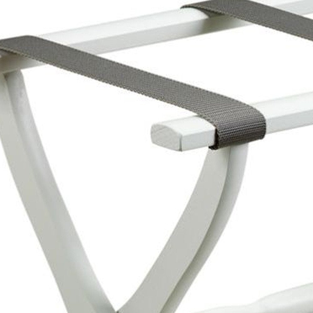 White Folding Luggage Rack With Gray Straps on a white background