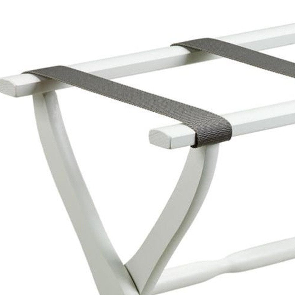 White Folding Luggage Rack With Gray Straps on a white background