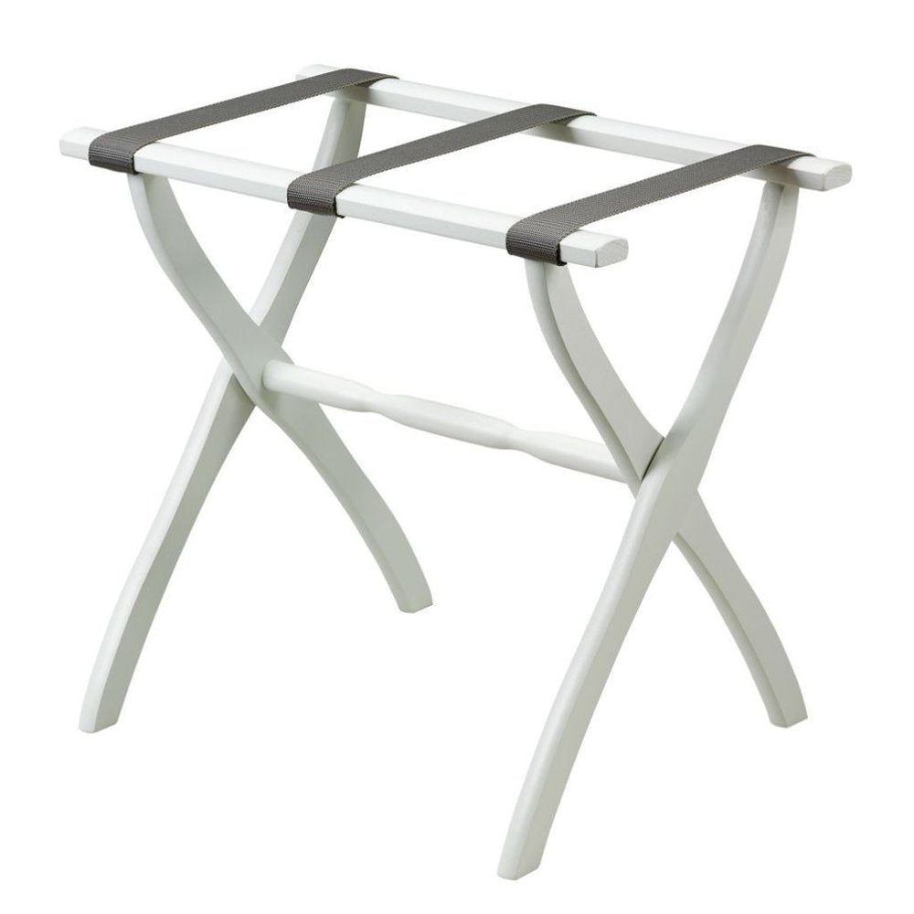White Folding Luggage Rack With Gray Straps on a white background