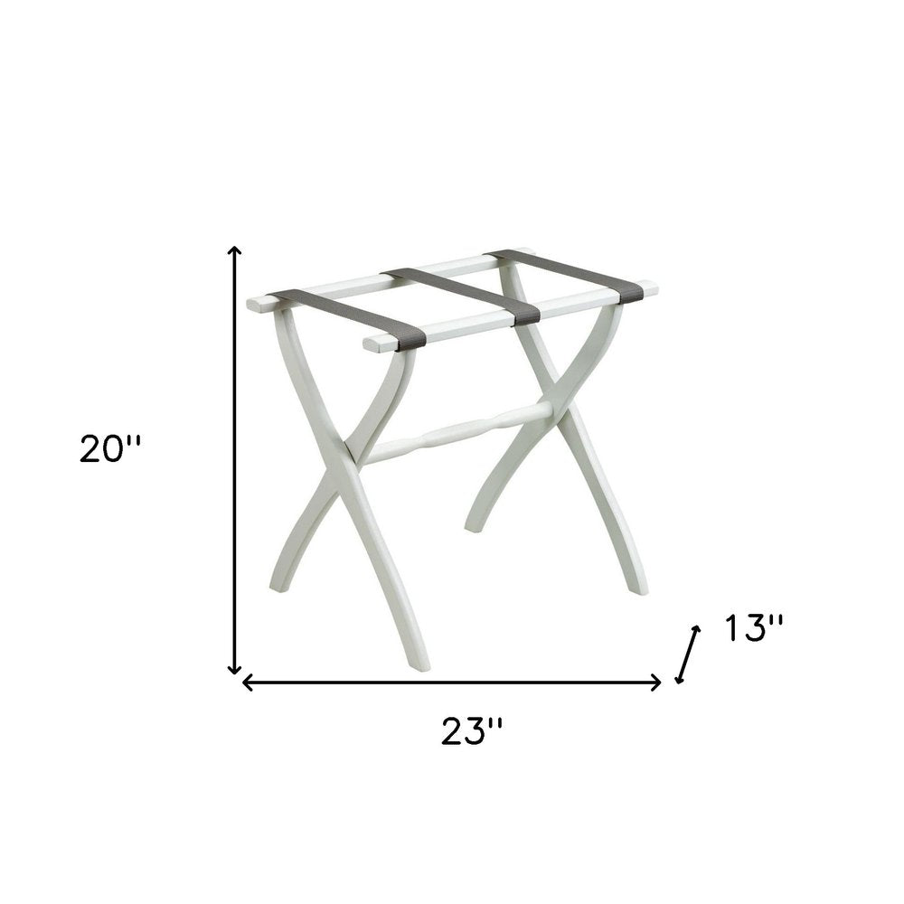 White Folding Luggage Rack With Gray Straps on a white background