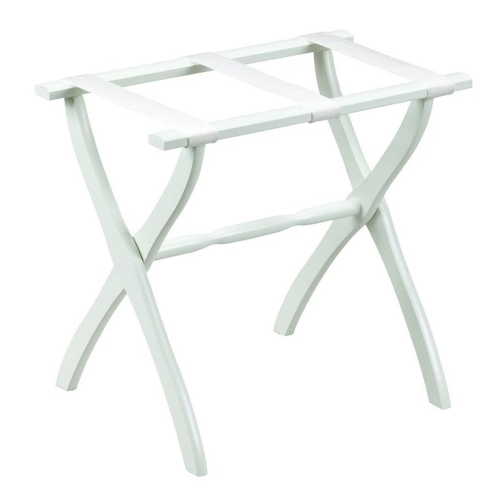 White folding luggage rack made of wood with white fabric straps on a white background.