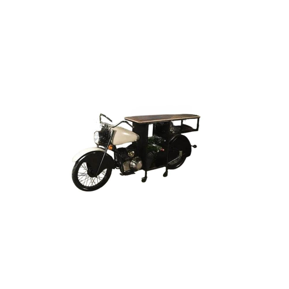 Black and white metal and solid wood motorcycle-shaped bar cart with wine storage on a white background.