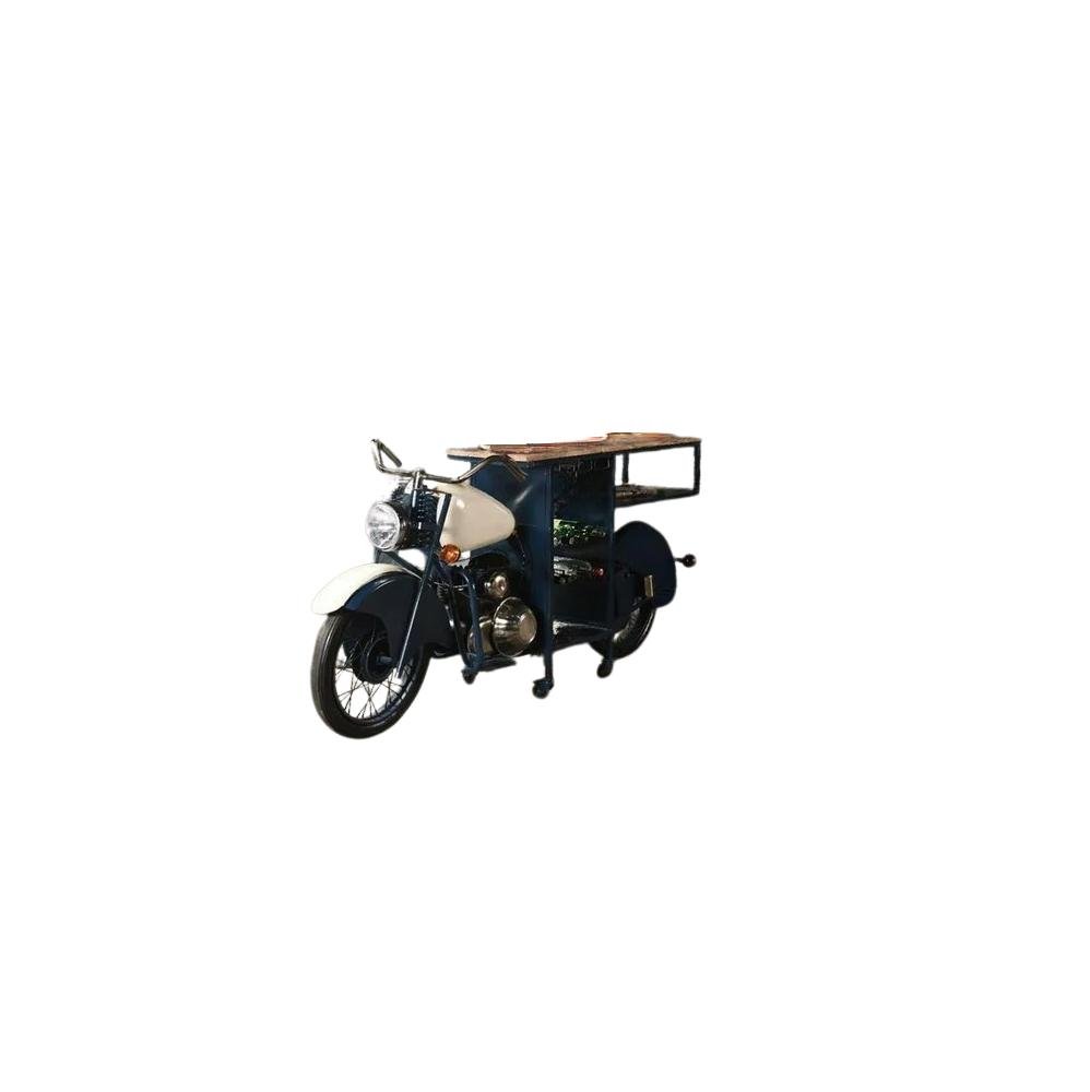 Blue and white metal and solid wood rolling bar cart with wine storage, shaped like a motorcycle, on a white background.